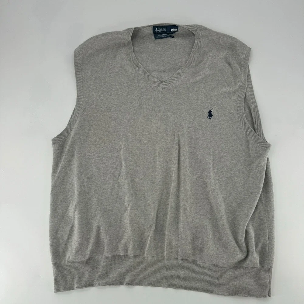 Polo Ralph Lauren Grey Pima Cotton V-Neck Sweater Vest Mens XL Heather Gray Pony